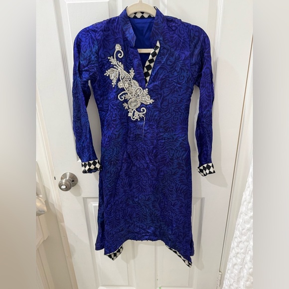 Blue Silk Checkered Pattern Long Sleeve Embroidered Rhinestone Dress - Picture 1 of 5